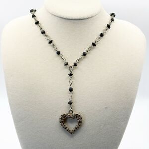 Silver Tone Black Bead Heart Pendant Y Necklace 16” Vintage 90s